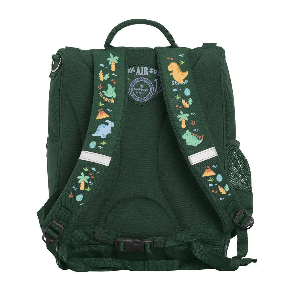 Harlequin Mighty Tuff-Pack Backpack in Green with the Jurassic design from the Harlequin Creatix Signature Series. Back view showcasing the Anatomic back panel, padded shoulder straps and waist strap.