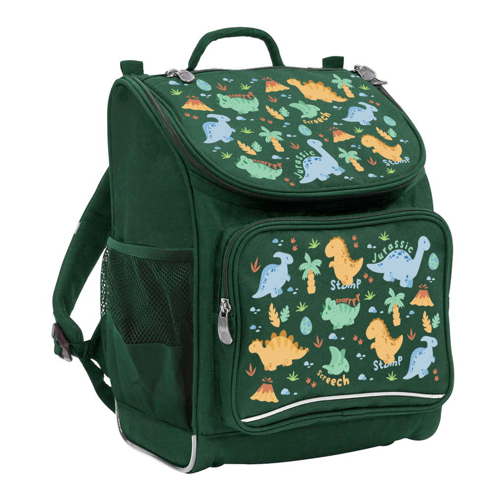 Harlequin Mighty Tuff-Pack Backpack in Green with the Jurassic design from the Harlequin Creatix signature series. Front side angle displaying carry handle, padded shoulder straps, top zipper compartment, front zipper pocket and mesh water bottle holder.
