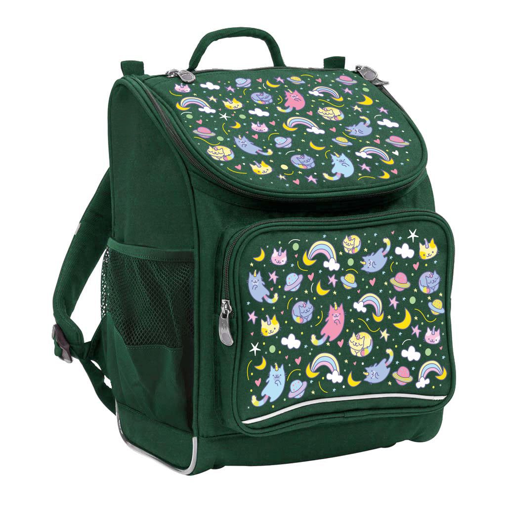 Harlequin Mighty Tuff-Pack Backpack in Green featuring Kittycorn design from the Harlequin Creatix signature series. Front side angle displaying carry handle, padded shoulder straps, top zipper compartment, front zipper pocket and mesh water bottle holder.