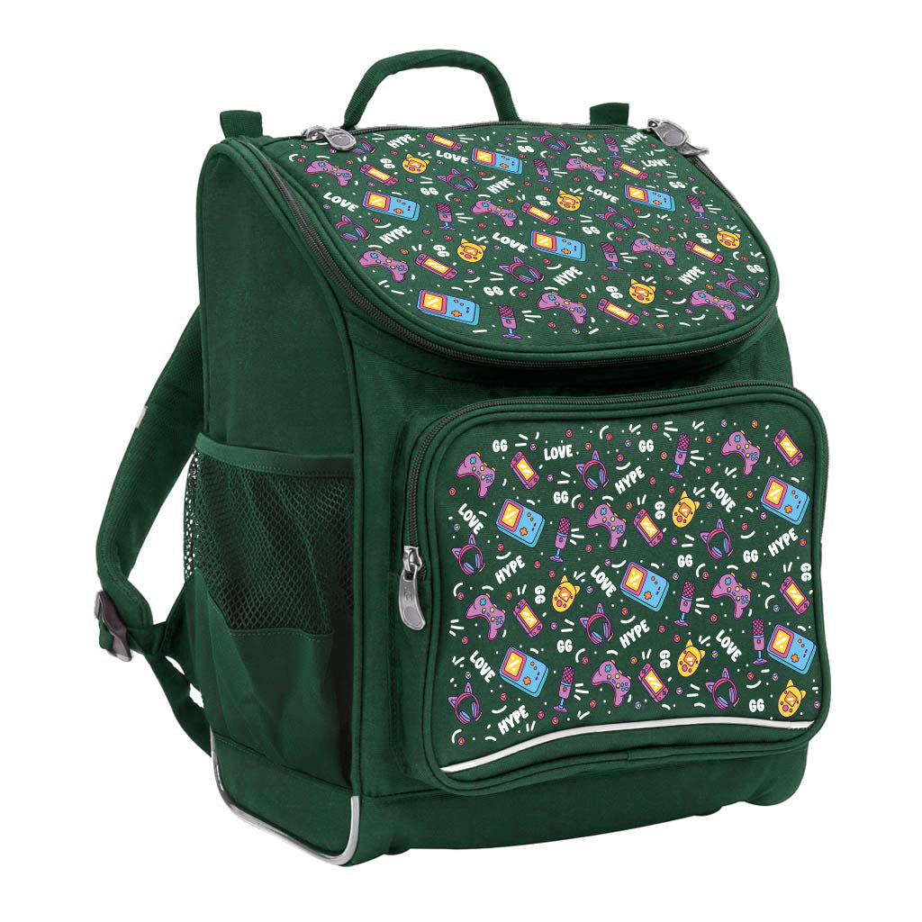 Harlequin Mighty Tuff-Pack Backpack in Green with the Pixel Chick design from the Harlequin Creatix signature series. Front side angle displaying carry handle, padded shoulder straps, top zipper compartment, front zipper pocket and mesh water bottle holder.