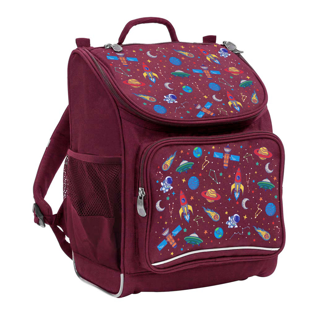 Harlequin Mighty Tuff-Pack Junior Backpack in Maroon featuring Galaxy Boy design from the Harlequin Creatix signature series. Front side angle displaying carry handle, padded shoulder straps, top zipper compartment, front zipper pocket and mesh water bottle holder.