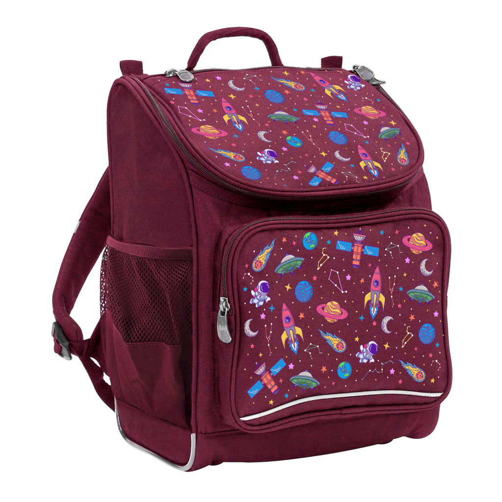 Harlequin Mighty Tuff-Pack Junior Backpack in Maroon with the Galaxy Girl design from the Harlequin Creatix signature series. Front side angle displaying carry handle, padded shoulder straps, top zipper compartment, front zipper pocket and mesh water bottle holder.