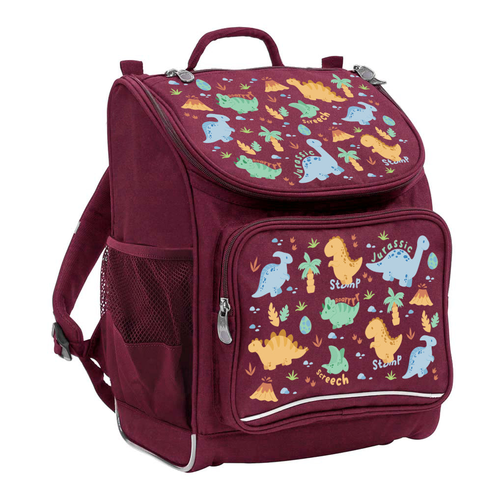 Harlequin Mighty Tuff-Pack Backpack in Maroon with the Jurassic design from the Harlequin Creatix signature series. Front side angle displaying carry handle, padded shoulder straps, top zipper compartment, front zipper pocket and mesh water bottle holder.