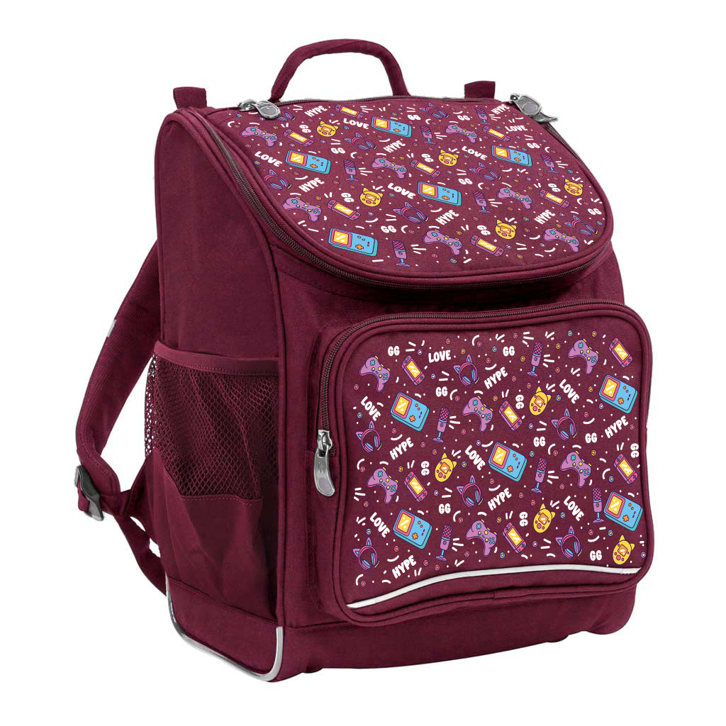 Harlequin Mighty Tuff-Pack Junior Backpack in Maroon with the Pixel Chick design from the Harlequin Creatix signature series. Front side angle displaying carry handle, padded shoulder straps, top zipper compartment, front zipper pocket and mesh water bottle holder.