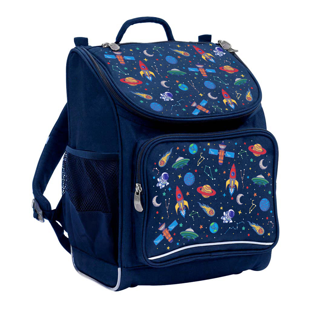 Harlequin Mighty Tuff-Pack Junior Backpack in Navy featuring Galaxy Boy design from the Harlequin Creatix signature series. Front side angle displaying carry handle, padded shoulder straps, top zipper compartment, front zipper pocket and mesh water bottle holder.