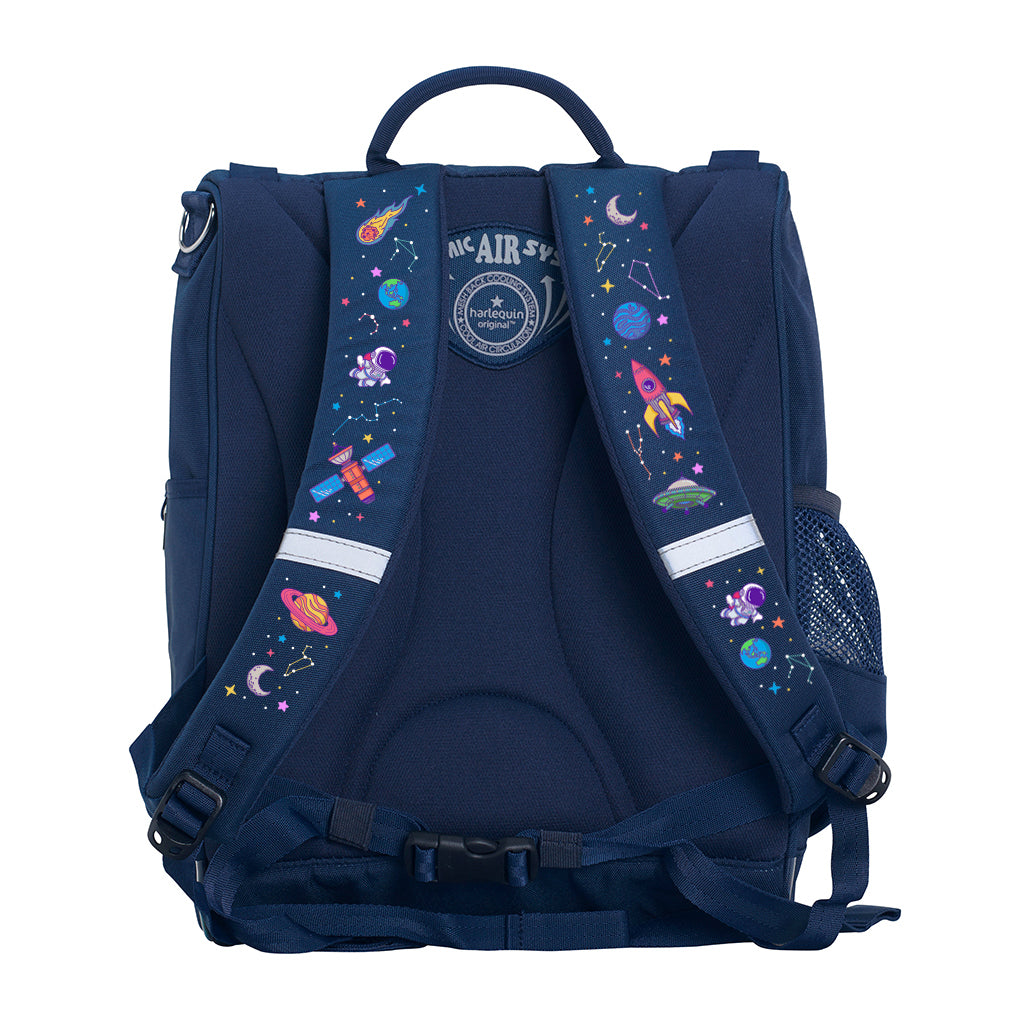 Harlequin Mighty Tuff-Pack Junior Backpack in Navy with Galaxy Girl design from the Harlequin Creatix Signature Series. Back view showcasing the Anatomic back panel, padded shoulder straps and waist strap.