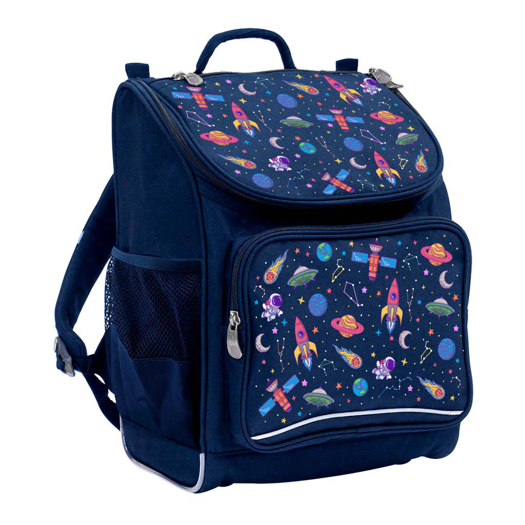 Harlequin Mighty Tuff-Pack Junior Backpack in Navy with the Galaxy Girl design from the Harlequin Creatix signature series. Front side angle displaying carry handle, padded shoulder straps, top zipper compartment, front zipper pocket and mesh water bottle holder.