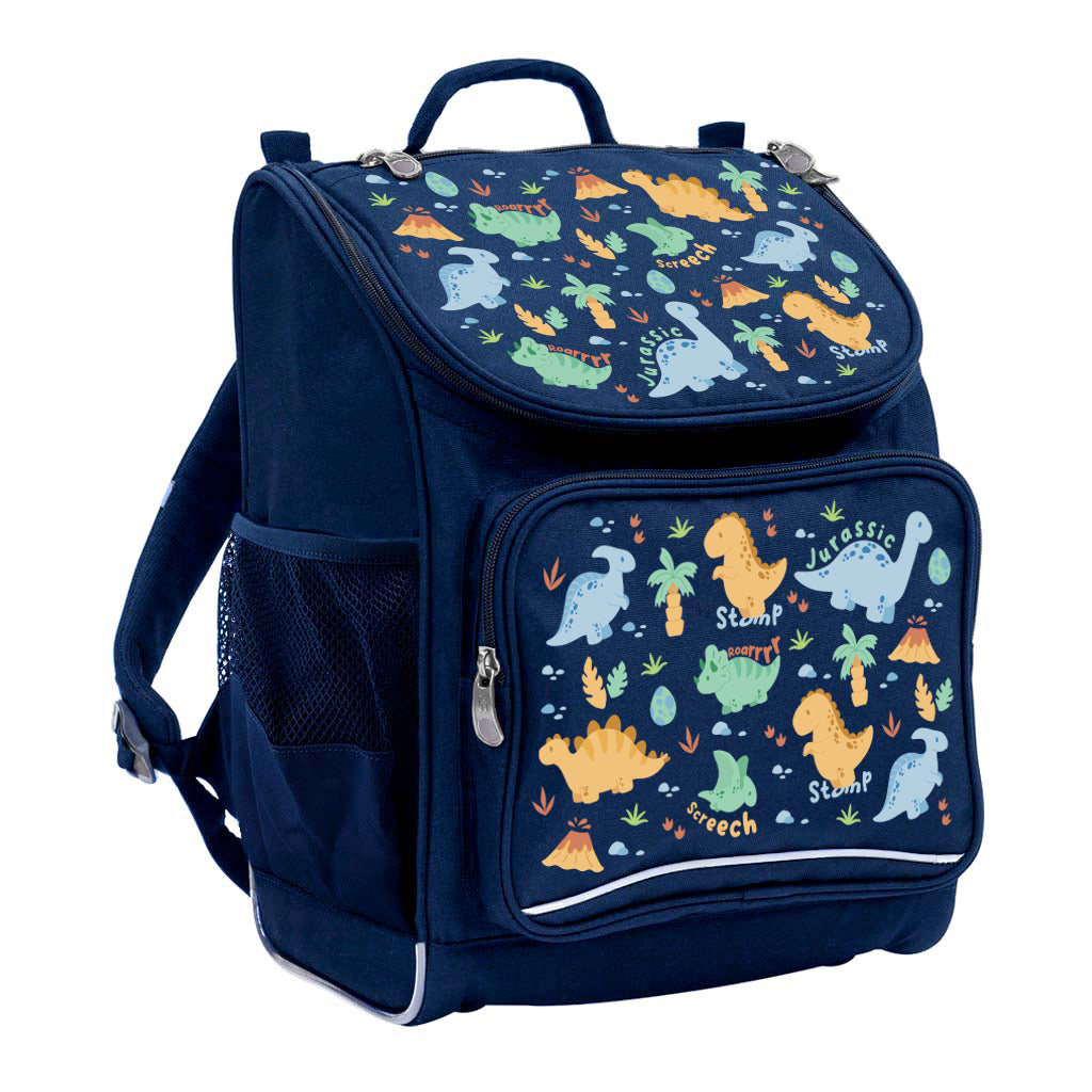 Harlequin Mighty Tuff-Pack Junior Backpack in Navy with the Jurassic design from the Harlequin Creatix signature series. Front side angle displaying carry handle, padded shoulder straps, top zipper compartment, front zipper pocket and mesh water bottle holder.