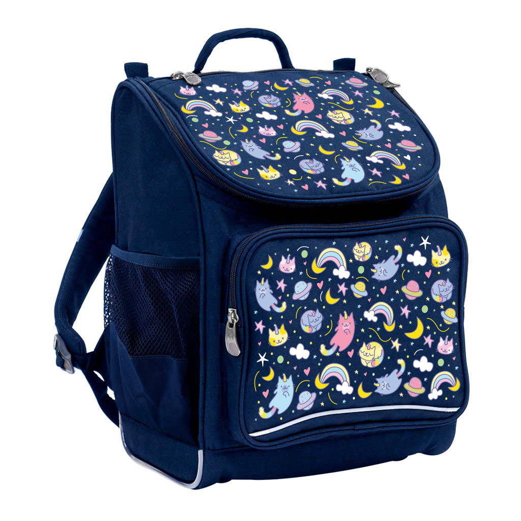 Harlequin Mighty Tuff-Pack Junior Backpack in Navy featuring Kittycorn design from the Harlequin Creatix signature series. Front side angle displaying carry handle, padded shoulder straps, top zipper compartment, front zipper pocket and mesh water bottle holder.