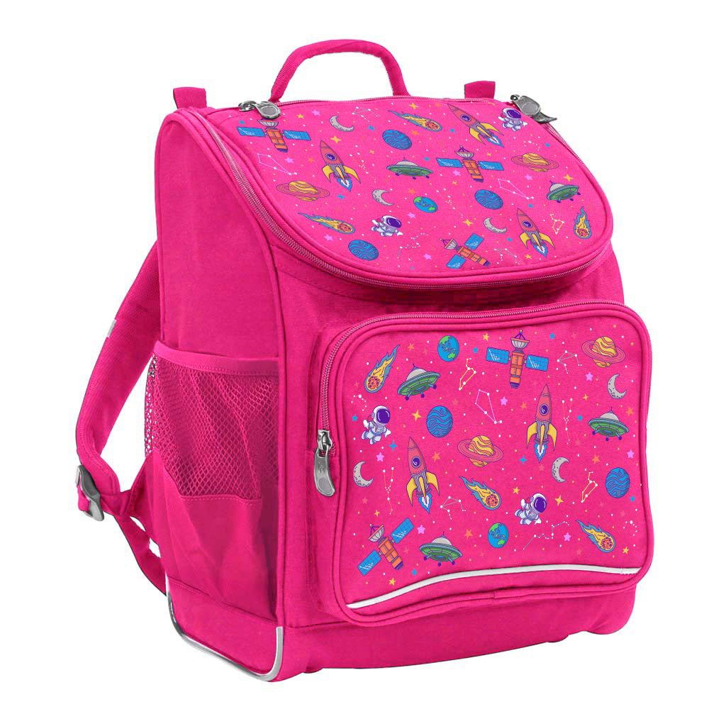 Harlequin Mighty Tuff-Pack Backpack in Pink with the Galaxy Girl design from the Harlequin Creatix signature series. Front side angle displaying carry handle, padded shoulder straps, top zipper compartment, front zipper pocket and mesh water bottle holder.