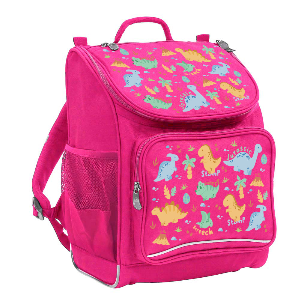 Harlequin Mighty Tuff-Pack Backpack in Pink with the Jurassic design from the Harlequin Creatix signature series. Front side angle displaying carry handle, padded shoulder straps, top zipper compartment, front zipper pocket and mesh water bottle holder.