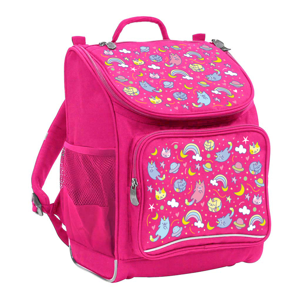 Harlequin Mighty Tuff-Pack Backpack in Pink featuring Kittycorn design from the Harlequin Creatix signature series. Front side angle displaying carry handle, padded shoulder straps, top zipper compartment, front zipper pocket and mesh water bottle holder.