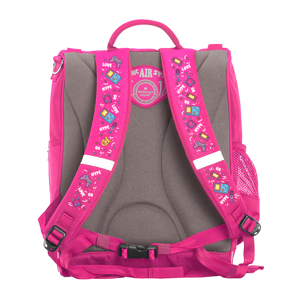 Harlequin Mighty Tuff-Pack Backpack in Pink with the Pixel Chick design from the Harlequin Creatix Signature Series. Back view showcasing the Anatomic back panel, padded shoulder straps and waist strap.
