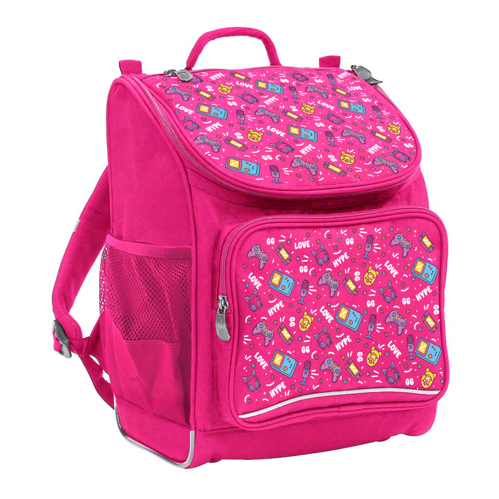 Harlequin Mighty Tuff-Pack Backpack in Pink with the Pixel Chick design from the Harlequin Creatix signature series. Front side angle displaying carry handle, padded shoulder straps, top zipper compartment, front zipper pocket and mesh water bottle holder.