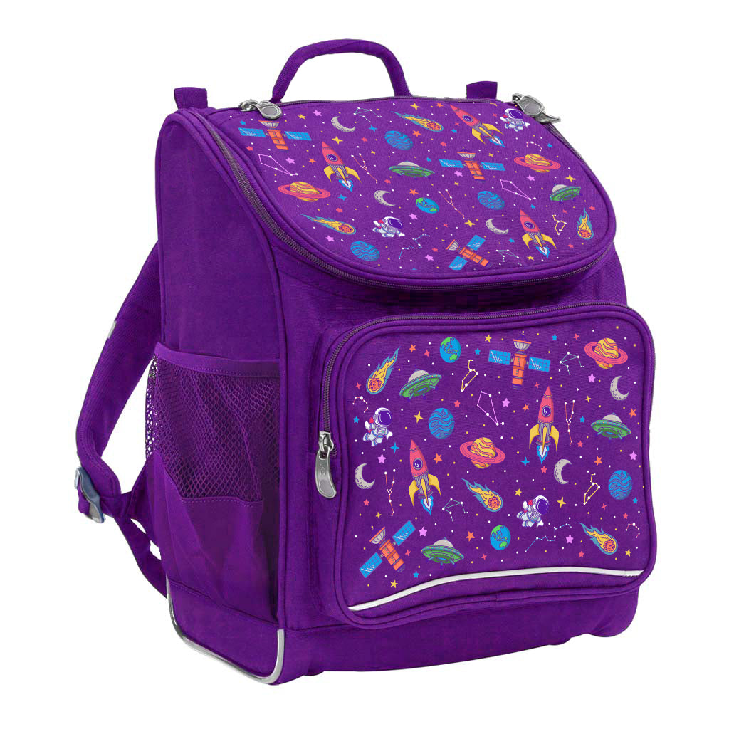 Harlequin Mighty Tuff-Pack Backpack in Purple with the Galaxy Girl design from the Harlequin Creatix signature series. Front side angle displaying carry handle, padded shoulder straps, top zipper compartment, front zipper pocket and mesh water bottle holder.