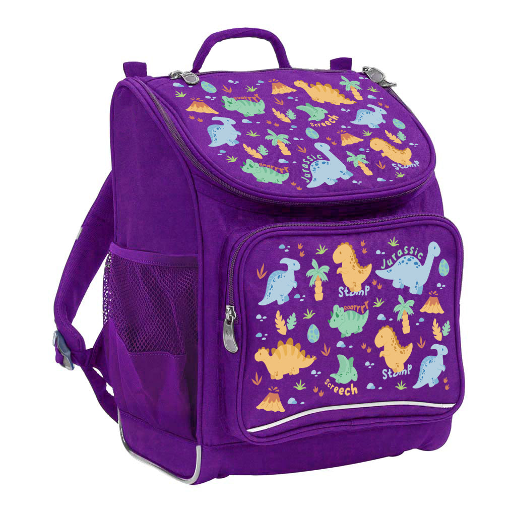 Harlequin Mighty Tuff-Pack Backpack in Purple with the Jurassic design from the Harlequin Creatix signature series. Front side angle displaying carry handle, padded shoulder straps, top zipper compartment, front zipper pocket and mesh water bottle holder.