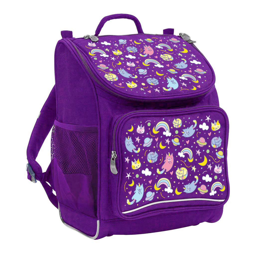 Harlequin Mighty Tuff-Pack Backpack in Purple featuring Kittycorn design from the Harlequin Creatix signature series. Front side angle displaying carry handle, padded shoulder straps, top zipper compartment, front zipper pocket and mesh water bottle holder.