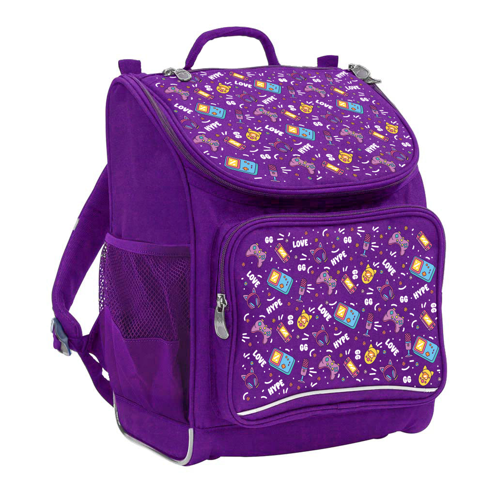 Harlequin Mighty Tuff-Pack Backpack in Purple with the Pixel Chick design from the Harlequin Creatix signature series. Front side angle displaying carry handle, padded shoulder straps, top zipper compartment, front zipper pocket and mesh water bottle holder.