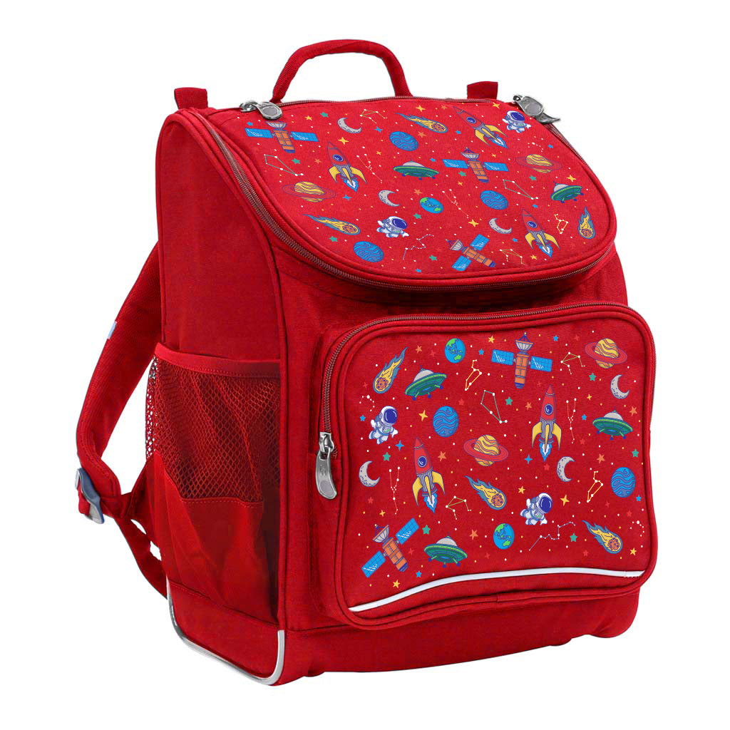 Harlequin Mighty Tuff-Pack Backpack in Red featuring Galaxy Boy design from the Harlequin Creatix signature series. Front side angle displaying carry handle, padded shoulder straps, top zipper compartment, front zipper pocket and mesh water bottle holder.