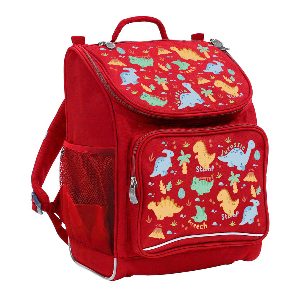 Harlequin Mighty Tuff-Pack Junior Backpack in Red with the Jurassic design from the Harlequin Creatix signature series. Front side angle displaying carry handle, padded shoulder straps, top zipper compartment, front zipper pocket and mesh water bottle holder.