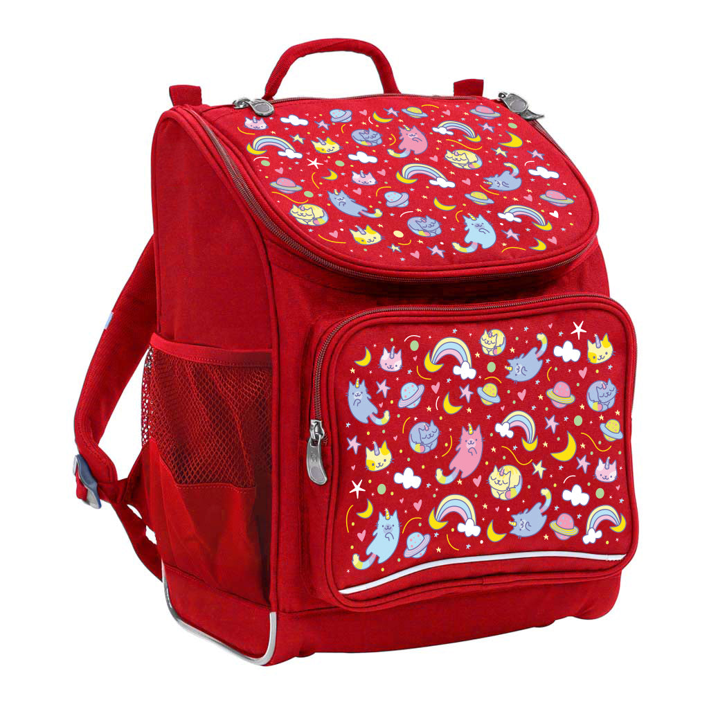 Harlequin Mighty Tuff-Pack Backpack in Red featuring Kittycorn design from the Harlequin Creatix signature series. Front side angle displaying carry handle, padded shoulder straps, top zipper compartment, front zipper pocket and mesh water bottle holder.