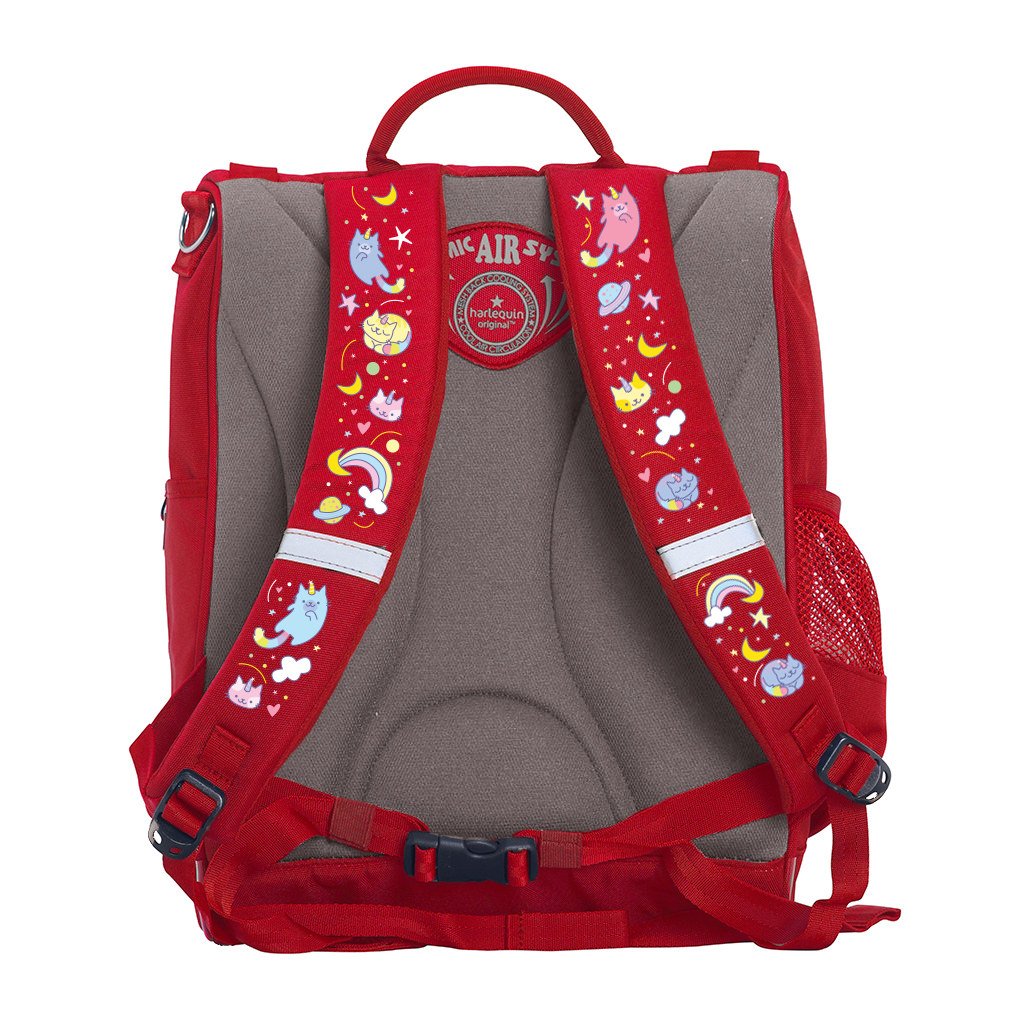 Harlequin Mighty Tuff-Pack Junior Backpack in Red with Kittycorn design from the Harlequin Creatix Signature Series. Back view showcasing the Anatomic back panel, padded shoulder straps and waist strap.