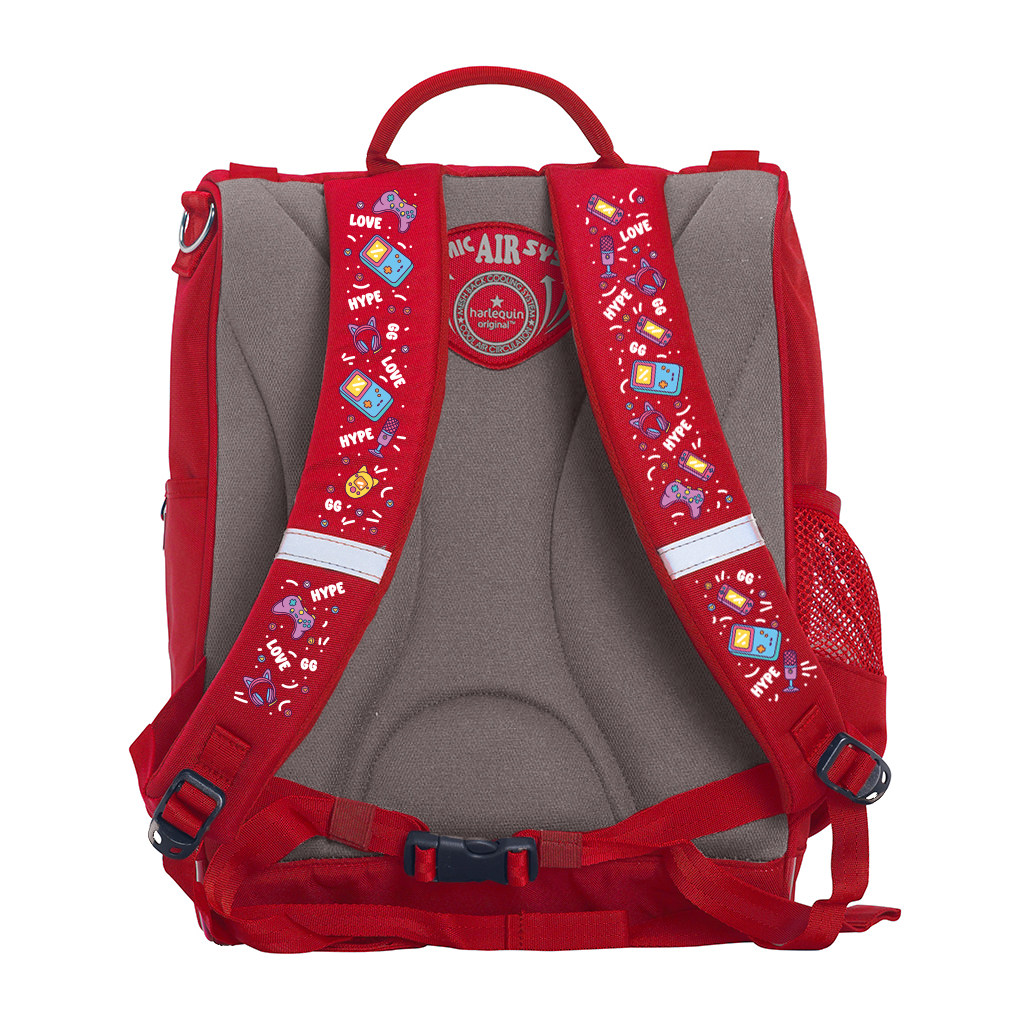 Harlequin Mighty Tuff-Pack Junior Backpack in Red with Pixel Chick design from the Harlequin Creatix Signature Series. Back view showcasing the Anatomic back panel, padded shoulder straps and waist strap.