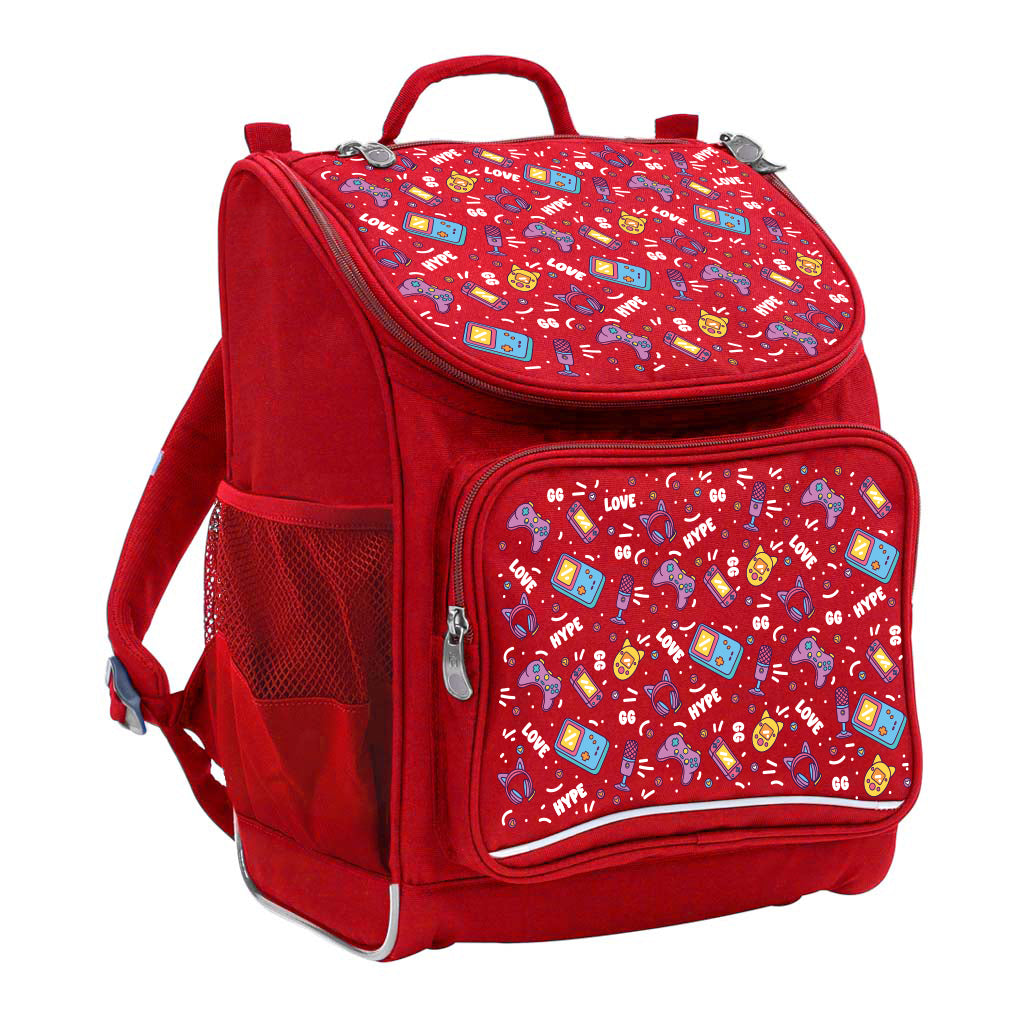 Harlequin Mighty Tuff-Pack Junior Backpack in Red featuring Pixel Chick design from the Harlequin Creatix signature series. Front side angle displaying carry handle, padded shoulder straps, top zipper compartment, front zipper pocket and mesh water bottle holder.