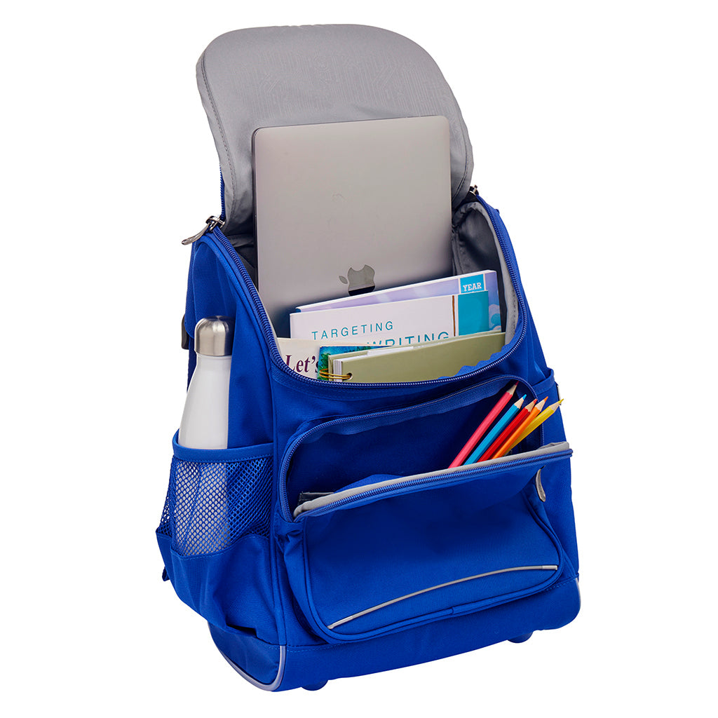 Harlequin Mighty Backpack open in royal open front side angle displaying carry handle, padded shoulder straps, top zipper compartment, front zipper pocket and mesh water bottle holder with personalised design