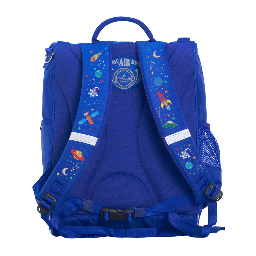 Harlequin Mighty Tuff-Pack Junior in Royal Blue with Galaxy Boy design from the Harlequin Creatix Signature Series. Back view showcasing the Anatomic back panel, padded shoulder straps and waist strap.