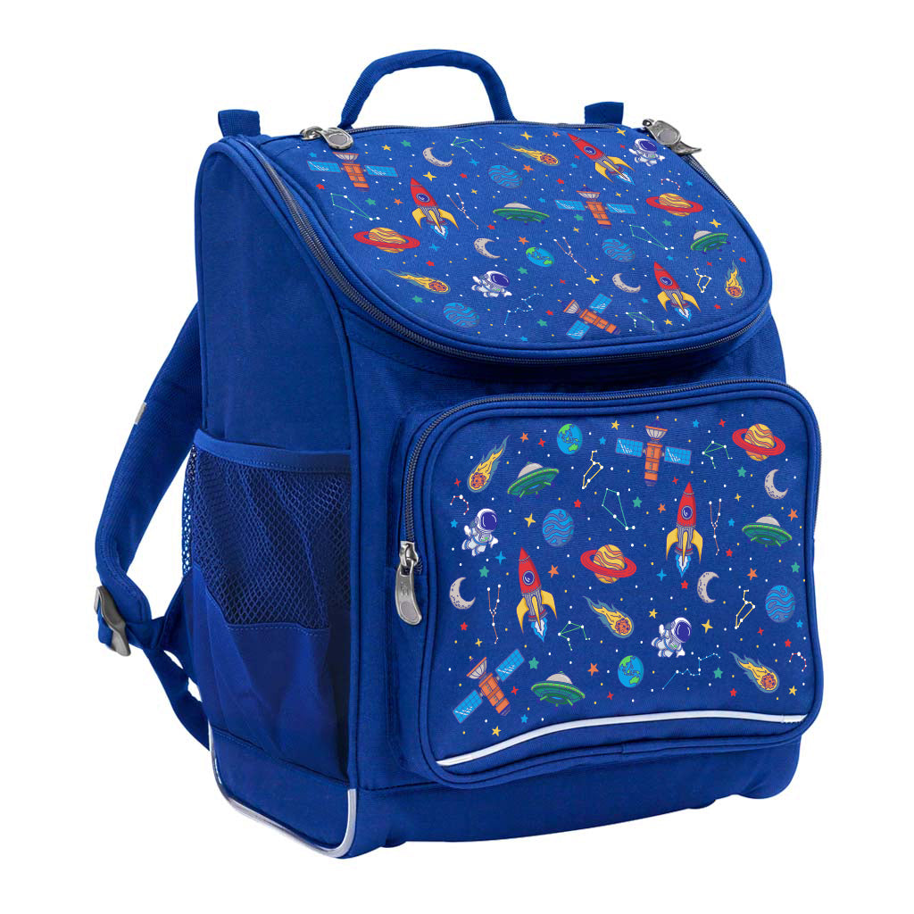 Harlequin Mighty Tuff-Pack Junior Backpack in Royal Blue featuring Galaxy Boy design from the Harlequin Creatix signature series. Angled view showing front pocket, drink bottle pocket, and ergonomic shoulder strap.