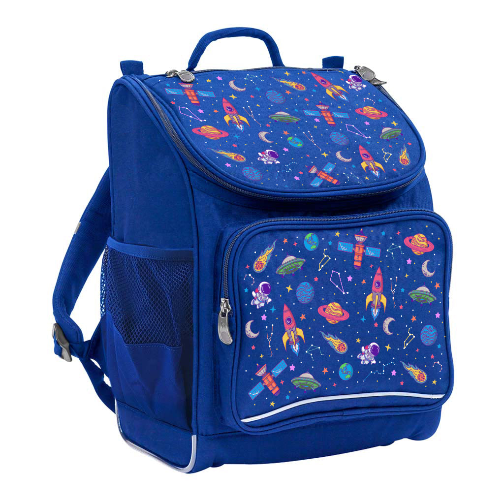 Harlequin Mighty Tuff-Pack Junior Backpack in Royal Blue with the Galaxy Girl design from the Harlequin Creatix signature series. Front side angle displaying carry handle, padded shoulder straps, top zipper compartment, front zipper pocket and mesh water bottle holder.