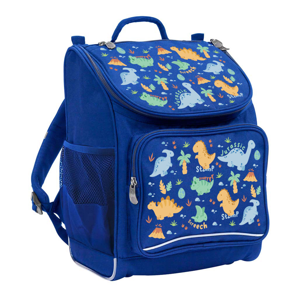 Harlequin Mighty Tuff-Pack Backpack in Royal Blue with the Jurassic design from the Harlequin Creatix signature series. Front side angle displaying carry handle, padded shoulder straps, top zipper compartment, front zipper pocket and mesh water bottle holder.