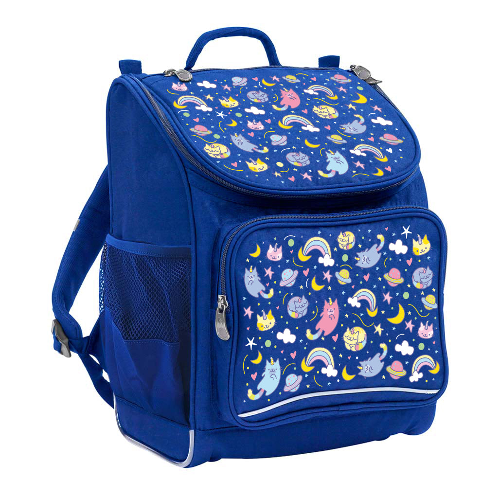 Harlequin Mighty Tuff-Pack Backpack in Royal Blue featuring Kittycorn design from the Harlequin Creatix signature series. Front side angle displaying carry handle, padded shoulder straps, top zipper compartment, front zipper pocket and mesh water bottle holder.