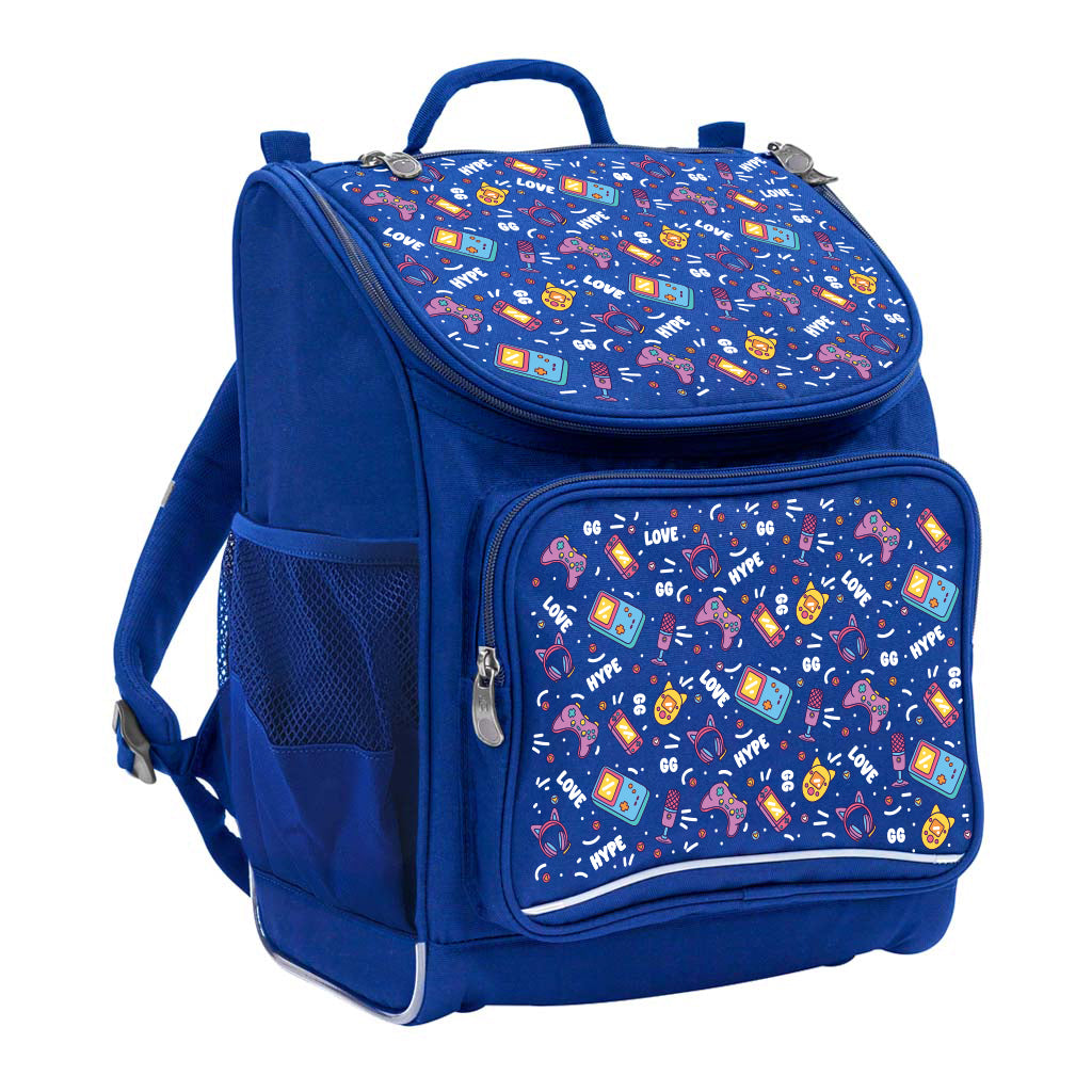 Harlequin Mighty Tuff-Pack Junior Backpack in Royal Blue with the Pixel Chick design from the Harlequin Creatix signature series. Front side angle displaying carry handle, padded shoulder straps, top zipper compartment, front zipper pocket and mesh water bottle holder.
