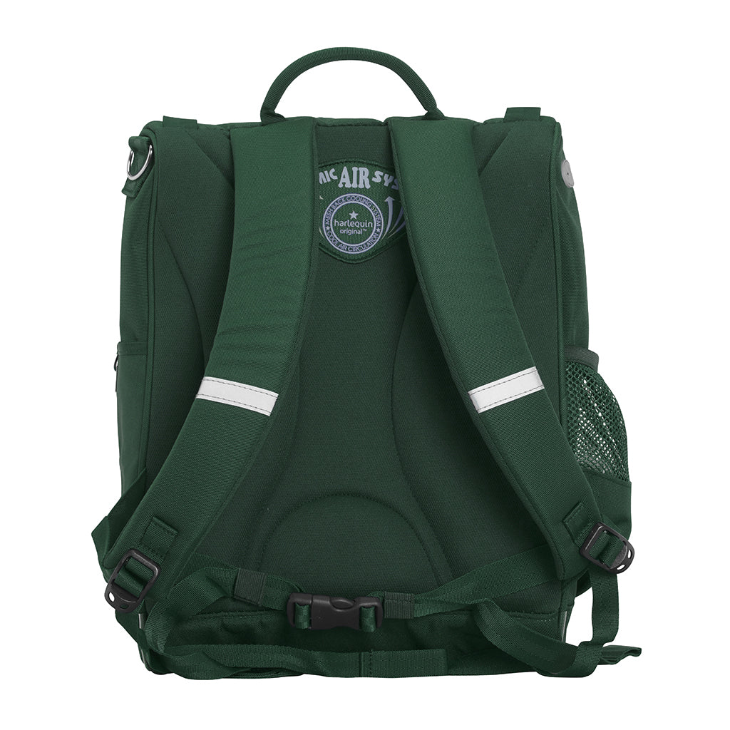 Harlequin Mighty backpack in green back angle displaying carry handle, padded shoulder straps, padded back support and mesh water bottle holder
