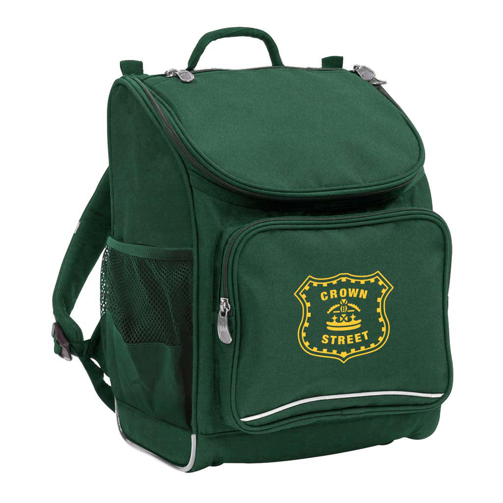 Mighty backpack in colour Btl Green, front side angle displaying carry handle, padded shoulder straps, top zipper compartment, front zipper pocket and mesh water bottle holder with Crown Street Public School logo