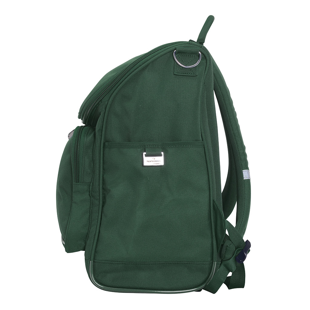 Harlequin Mighty in green side angle displaying carry handle, padded shoulder straps, top zipper compartment, front zipper pocket, headphone port and water bottle holder