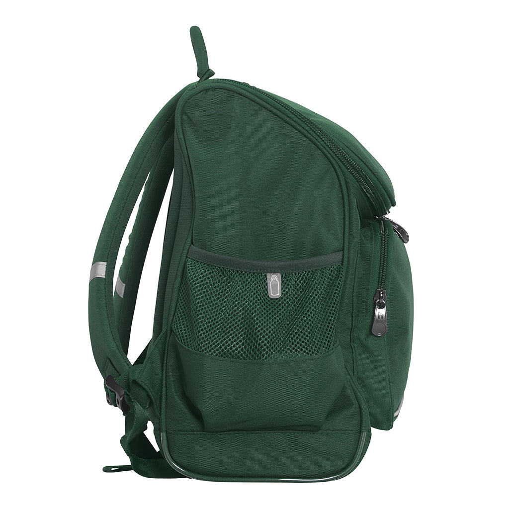 Harlequin Mighty in green side angle displaying carry handle, padded shoulder straps, top zipper compartment, front zipper pocket, and mesh water bottle holder