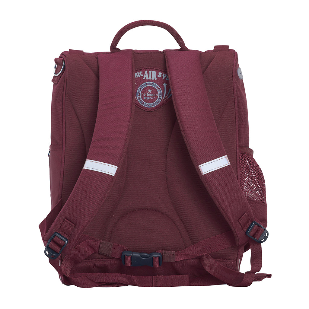 Harlequin Mighty backpack in maroon back angle displaying carry handle, padded shoulder straps, padded back support and mesh water bottle holder