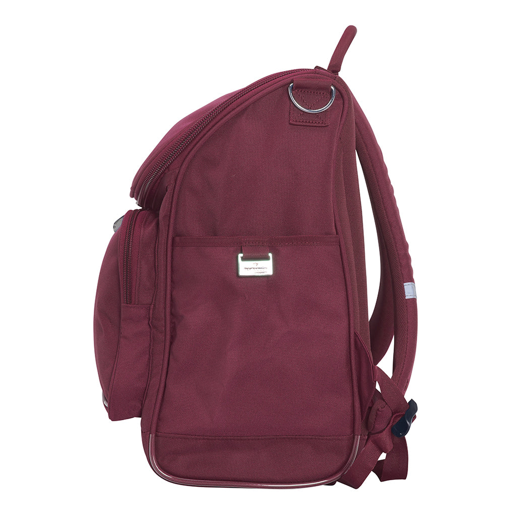 Harlequin Mighty in maroon side angle displaying carry handle, padded shoulder straps, top zipper compartment, front zipper pocket, headphone port and water bottle holder