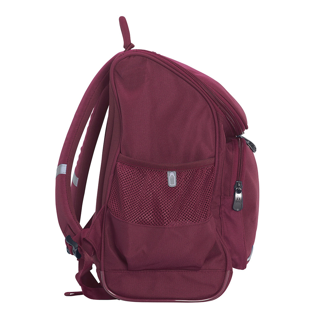 Harlequin Mighty in maroon side angle displaying carry handle, padded shoulder straps, top zipper compartment, front zipper pocket, and mesh water bottle holder
