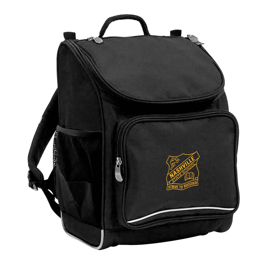 Mighty backpack in colour black, front side angle displaying carry handle, padded shoulder straps, top zipper compartment, front zipper pocket and mesh water bottle holder with Nashville State School logo