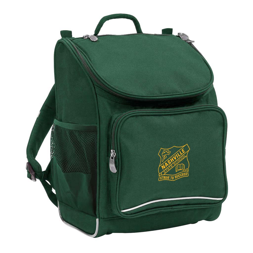 Mighty backpack in colour green, front side angle displaying carry handle, padded shoulder straps, top zipper compartment, front zipper pocket and mesh water bottle holder with Nashville State School logo