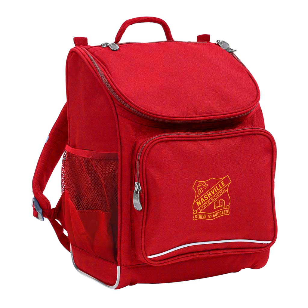 Mighty backpack in colour red, front side angle displaying carry handle, padded shoulder straps, top zipper compartment, front zipper pocket and mesh water bottle holder with Nashville State School logo