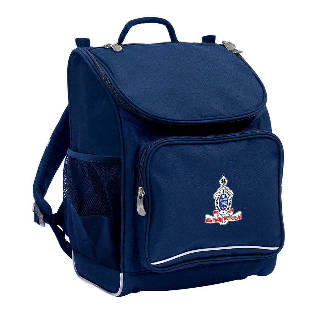 Mighty backpack in colour Navy, front side angle displaying carry handle, padded shoulder straps, top zipper compartment, front zipper pocket and mesh water bottle holder with Rangeville State School logo