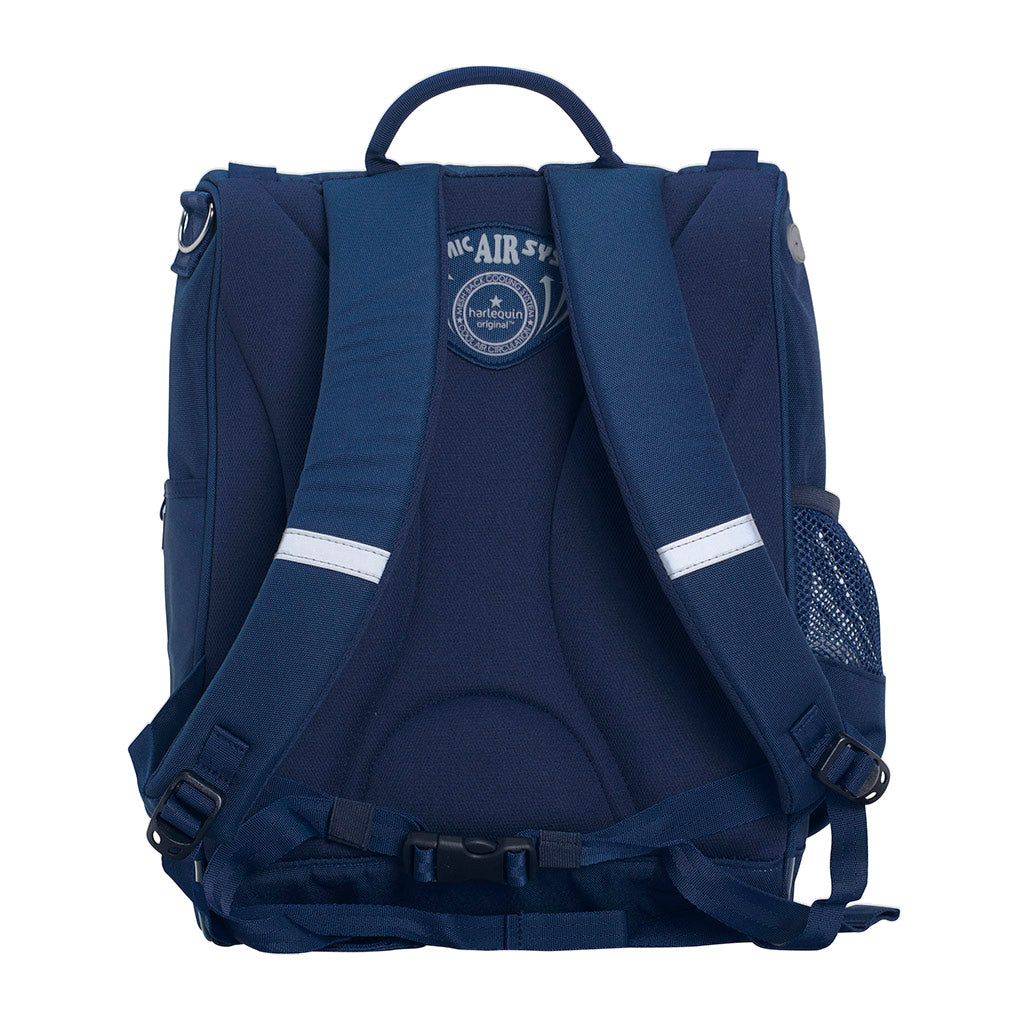 Harlequin Mighty backpack in navy back angle displaying carry handle, padded shoulder straps, padded back support and mesh water bottle holder