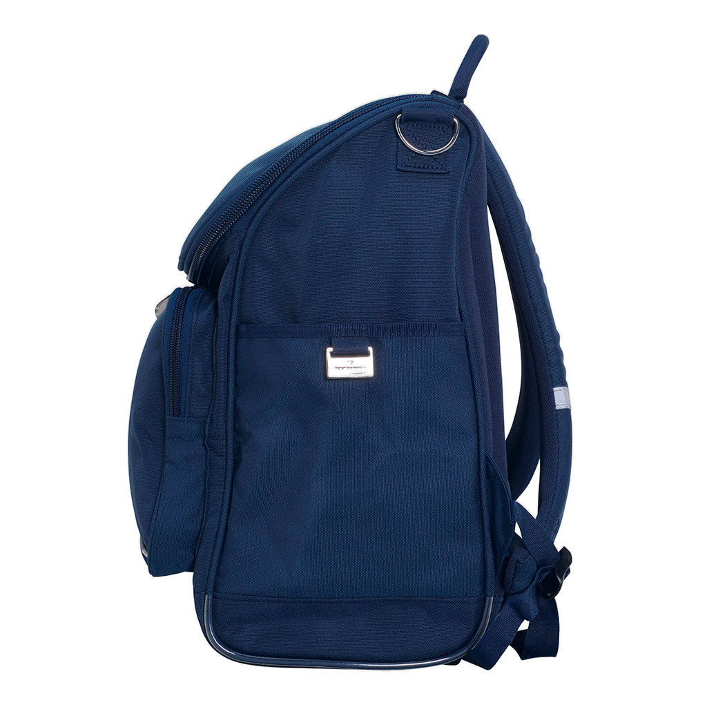 Harlequin Mighty in navy side angle displaying carry handle, padded shoulder straps, top zipper compartment, front zipper pocket, headphone port and water bottle holder