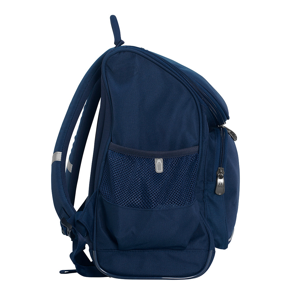 Harlequin Mighty in navy side angle displaying carry handle, padded shoulder straps, top zipper compartment, front zipper pocket, and mesh water bottle holder