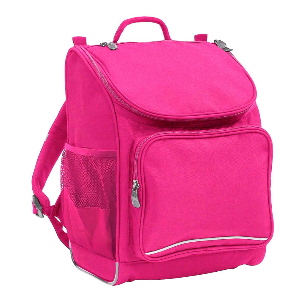 Harlequin Mighty Backpack in pink front side angle displaying carry handle, padded shoulder straps, top zipper compartment, front zipper pocket, headphone port and mesh water bottle holder